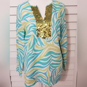 NWOT Mercer & Madison Blue Green and White Tunic Gold Sequins Acent Size M
